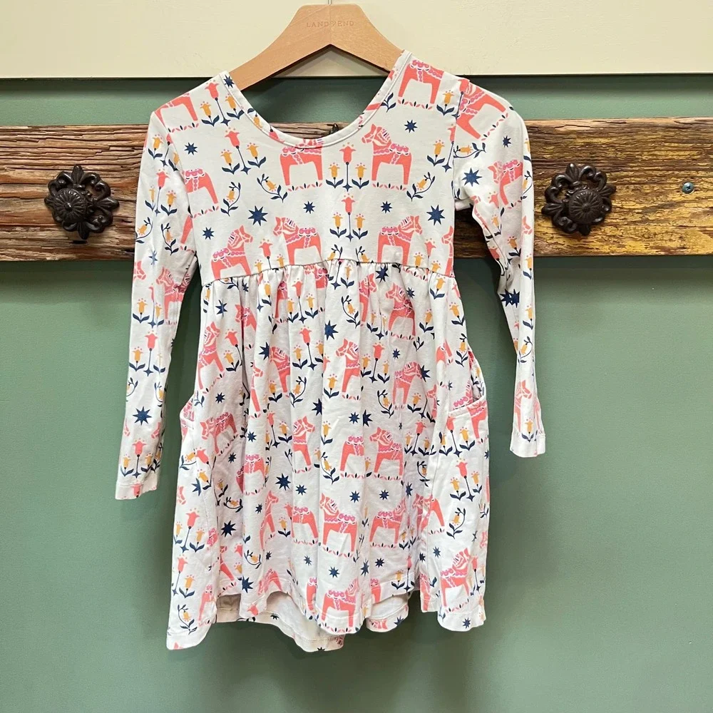 Hanna Andersson Girls Dala Horse Floral Long Sleeve Pocket Dress White US 5